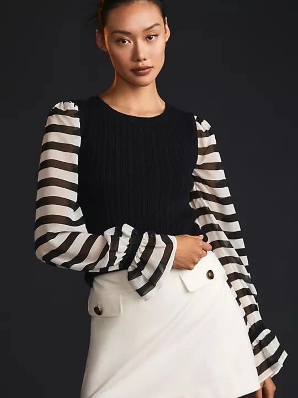 Anthro Maeve Mixed Knit Sweater | Black Center + Sheer Striped Sleeves XS